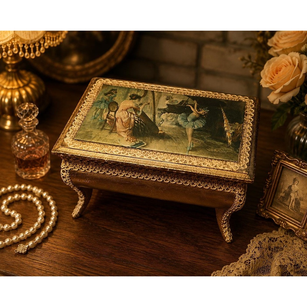 VTG Japan Musical Jewelry Box Greensleeves Ballet Ballerina Red Velvet Footed *